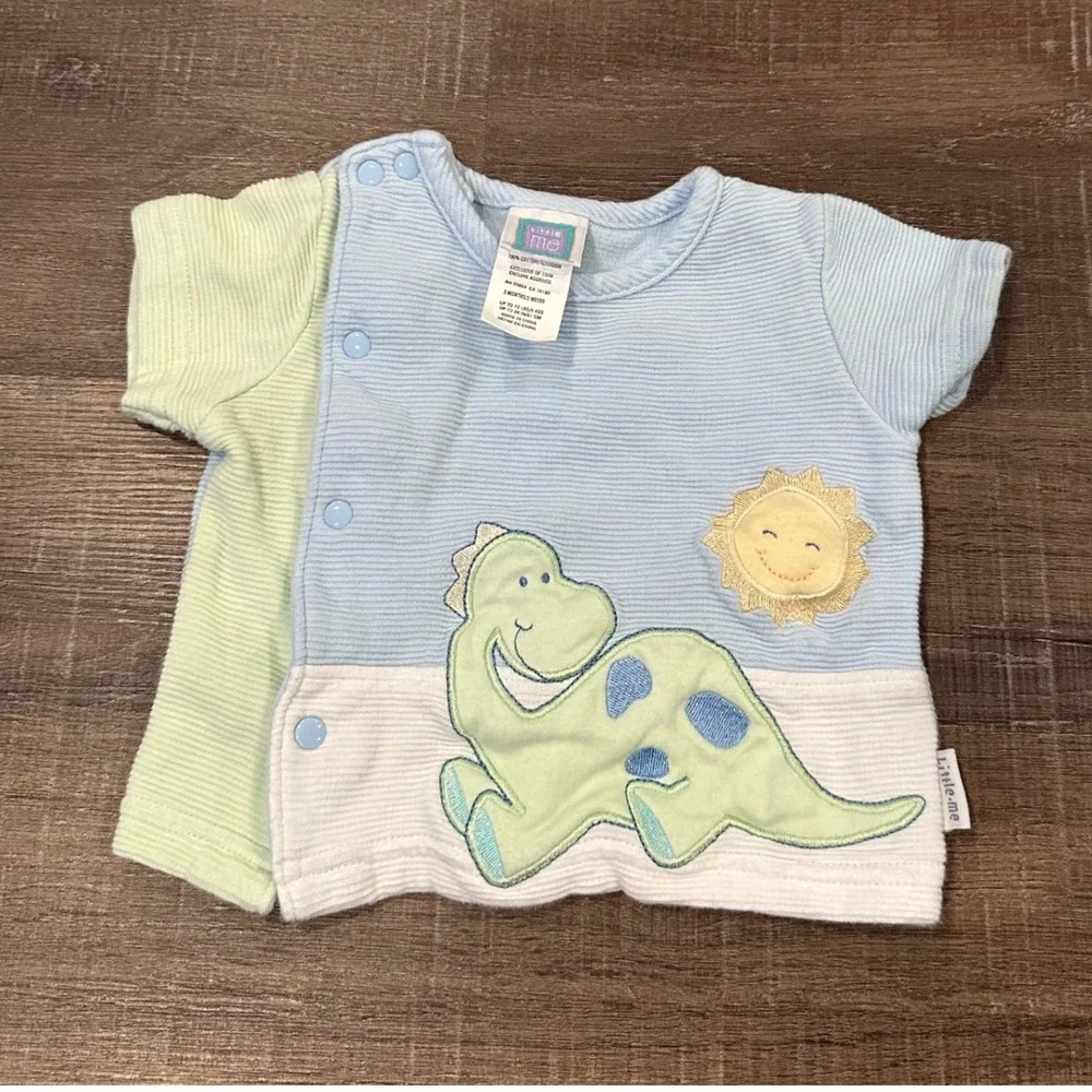 Vtg Little Me 3M Dinosaur Sun Applique Side Snap Pastel Colorblock Ribbed Top